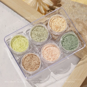 Vista dettagliata del set di 6 polveri glitter macaron per unghie in barattoli