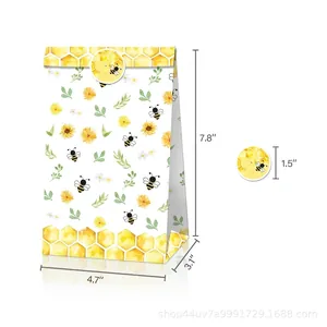 Detailed size chart for bee and sunflower kraft paper gift bags with dimensions in inches