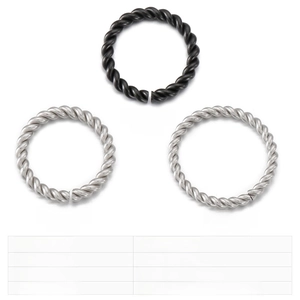 Macro detail of twisted stainless steel rings in black and silver with size specifications
