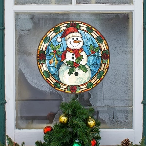 Christmas Snowman Round Window Sticker PVC Stained Glass Style Holiday Decoration Removable Wall Decal Festive Home Art