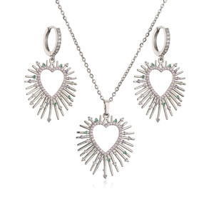 Silver spiked heart jewelry set with pink cubic zirconia necklace and hoop earrings