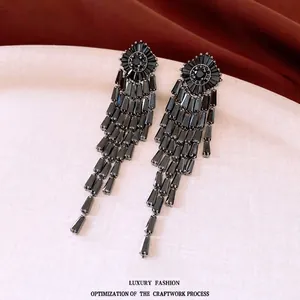 French style 14K gold plated long black fringe earrings with cascading crystals