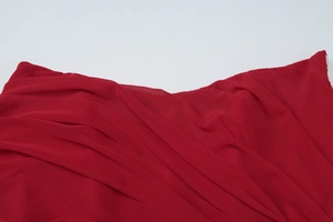 Close-up of red mesh fabric showing detailed ruched texture and mesh weave of the dress