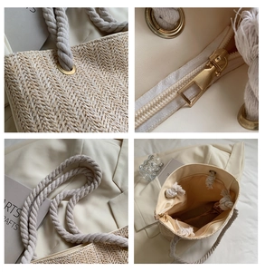 Detail of hand-woven straw tote with thick cotton rope handles and metal zipper closure