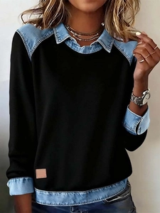 Damen Sweatshirt Polyester Denim Patchwork Fake Zwei-Teiler Langarm Pullover Streetwear Casual Top