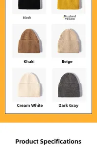 Detailed grid of six solid-color thick ribbed knit beanies in various warm autumn tones