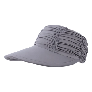 Detail of grey pleated wide-brim sun hat showing elastic cooling fabric and UV protection