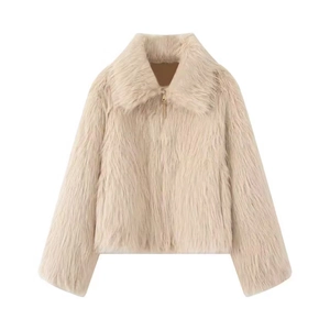 Women's beige faux fur jacket with lapel collar and long sleeves for winter fashion