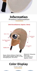 Detailed dimension chart of brown winter trapper hat with goggles and plush lining
