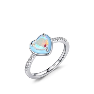 S925 sterling silver heart ring with colorful opal zircon and blue enamel details