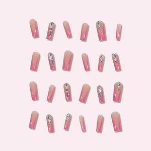Pink French long square press on nails set with 3D silver bow and rhinestone accents