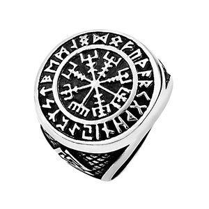 Vintage stainless steel Viking compass ring with runes and Vegvisir symbol on white background