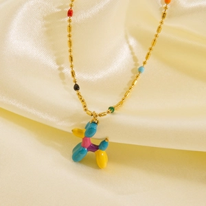 Colorful enamel balloon dog pendant on golden beaded chain necklace for women