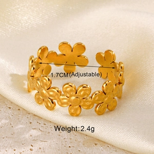 Detailed close-up of an adjustable gold flower ring with interconnected small petals