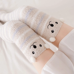 Cute beige striped coral fleece over-knee socks with bear face pattern and 3D ears