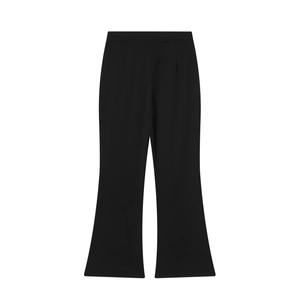 Detailed front view of elegant black flared trousers with high-quality suit fabric drape