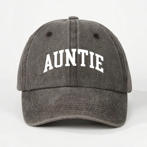 Adjustable washed grey denim baseball cap featuring white AUNTIE embroidered text