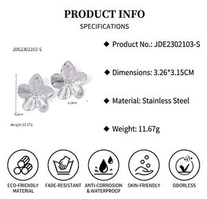 Detailed view of silver stainless steel flower earrings with brushed petal texture