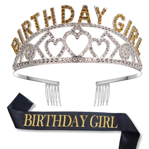 Birthday Girl party set with rhinestone tiara crown and black gold foil printed sash