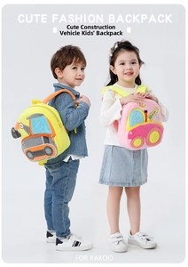 Close-up of cute plush construction vehicle and cartoon car backpacks for kids