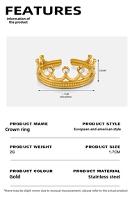 Tableau détaillé des spécifications d'une bague couronne dorée en acier inoxydable