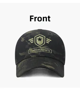 Front view of camouflage baseball cap featuring embroidered shield logo and fashion sports text