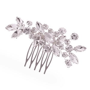Silver bridal hair comb with sparkly marquise rhinestones and crystals in floral leaf design