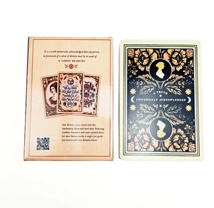 Macro shot of Jane Austen tarot card set with vintage illustrations and box details