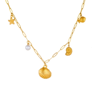 Collier chaîne trombone dorée avec pendentifs étoile de mer, perle, coquillage et poisson