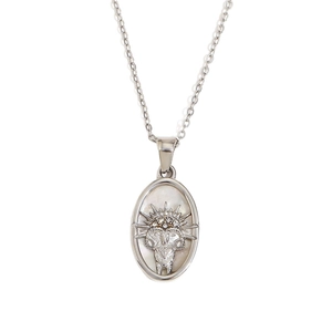 Silver zodiac necklace with Aries ram head on white shell pendant in stainless steel