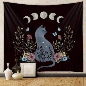 Detailed mystic cat silhouette tapestry featuring moon phases, stars and floral patterns