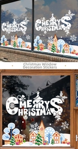 Λεπτομέρεια αυτοκόλλητου Merry Christmas με χρωματιστό σκανδιναβικό χωριό και χιονάνθρωπο