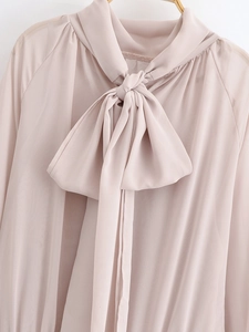 Detail of elegant pale pink chiffon dress featuring a delicate bow tie neckline and long sleeves