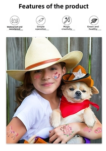 Pink western cowboy temporary tattoos featuring butterflies and flowers on girl and puppy