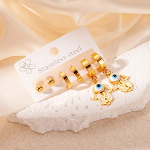 Three-pair gold stainless steel earring set with Hamsa Hand and Evil Eye charms