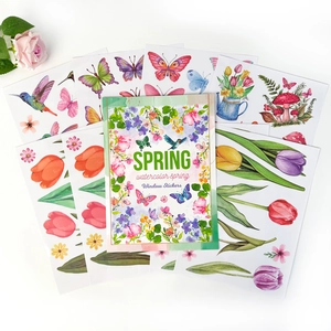 Close-up of watercolor spring window stickers set with flower and butterfly patterns