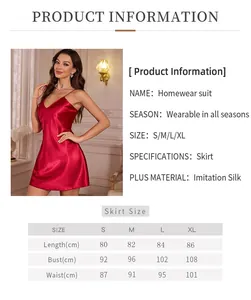 Detailed size chart for red imitation silk slip nightgown showing S to XL measurements