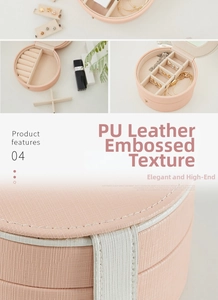 Detail of pink PU leather jewelry box with embossed texture and ring storage slots