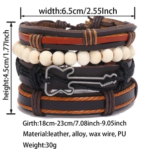Detailed dimension guide for leather guitar bracelet showing size, weight, and materials