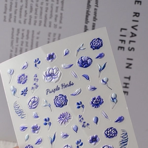 3D embossed purple herb floral nail stickers with intricate 5D textured flower petals