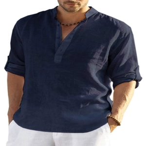 Mens casual navy blue linen long sleeve Henley shirt with breathable cotton texture