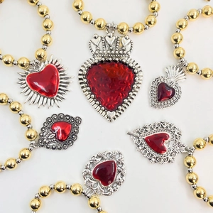 Vintage red sacred heart charms on golden beaded chains necklaces for women