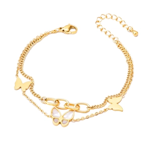 Double-layered 18k gold plated butterfly bracelet with shell inlay and sleek geometric chains