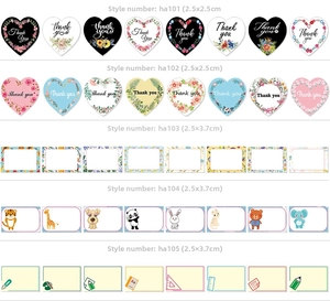 Detail view of heart-shaped and floral Thank You stickers in various themed designs