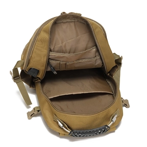 Outdoor tactical backpack in khaki nylon featuring USB port and reinforced steel handle