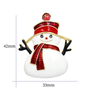 Cute snowman brooch dimensions showing 42mm height and 33mm width with red enamel details