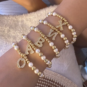 Initial Letter Pendant Bracelet Imitation Artificial Pearl Beaded Brass Gold Plated Rhinestone Personalized Fashion For Women