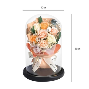 Soap flower bouquet in glass dome with LED lights, 20cm height decorative gift for her
