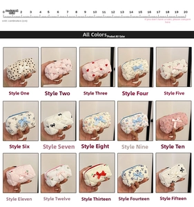 Detailed catalog showing 15 styles of floral quilted mini makeup bags with bow details