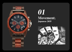 Detail of red sandalwood chronograph watch with Japanese 2035 movement and black dial